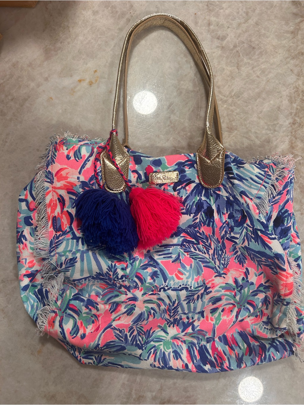 Lilly Pulitzer Tropical Floral Beach Tote With Gold Handles - Pink & Blue
